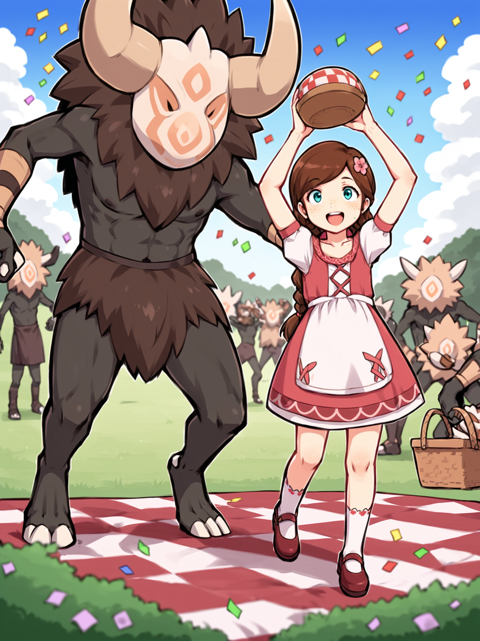 score_9, score_8_up, score_7_up, score_6_up, score_5_up, source_anime BREAK
<lora:Genshin_NPC_EllaMusk_Pony_v1:0.8>, 1girl, multiple boys, full body, grassy field, blue sky, trees, (size difference:1), (wide shot, far wide shot, running over a hill:1.5), (hilichurl:1.8), wearing a loincloth, teal eyes, brown hair, swept bangs, twin braids, (hair flower, hair ornament:1), collarbone, pink dress, flower pattern, short sleeves, (white sleeves, white apron:1.1), puffy sleeves, white socks, bobby socks, brown footwear, (mary janes:1.5), (freckles on cheeks and nose:1.3), (tareme:1.5), smiling, happy, open mouth, looking at each other, eye contact, (arms up:1.5), tribal huts, tribal fort, totem pole, (partying, celebration, picnic, confetti, picnic basket, dancing:1.5),