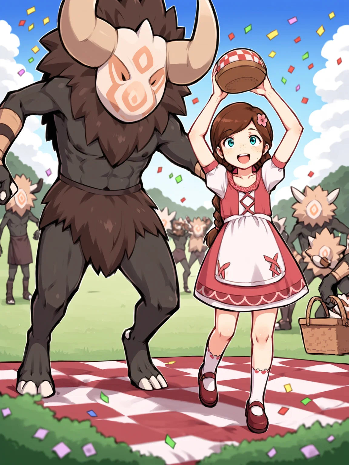 score_9, score_8_up, score_7_up, score_6_up, score_5_up, source_anime BREAK
<lora:Genshin_NPC_EllaMusk_Pony_v1:0.8>, 1girl, multiple boys, full body, grassy field, blue sky, trees, (size difference:1), (wide shot, far wide shot, running over a hill:1.5), (hilichurl:1.8), wearing a loincloth, teal eyes, brown hair, swept bangs, twin braids, (hair flower, hair ornament:1), collarbone, pink dress, flower pattern, short sleeves, (white sleeves, white apron:1.1), puffy sleeves, white socks, bobby socks, brown footwear, (mary janes:1.5), (freckles on cheeks and nose:1.3), (tareme:1.5), smiling, happy, open mouth, looking at each other, eye contact, (arms up:1.5), tribal huts, tribal fort, totem pole, (partying, celebration, picnic, confetti, picnic basket, dancing:1.5),