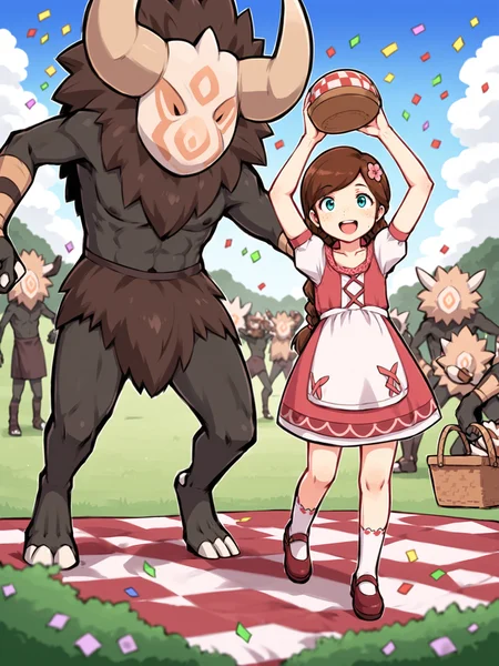 score_9, score_8_up, score_7_up, score_6_up, score_5_up, source_anime BREAK
<lora:Genshin_NPC_EllaMusk_Pony_v1:0.8>, 1girl, multiple boys, full body, grassy field, blue sky, trees, (size difference:1), (wide shot, far wide shot, running over a hill:1.5), (hilichurl:1.8), wearing a loincloth, teal eyes, brown hair, swept bangs, twin braids, (hair flower, hair ornament:1), collarbone, pink dress, flower pattern, short sleeves, (white sleeves, white apron:1.1), puffy sleeves, white socks, bobby socks, brown footwear, (mary janes:1.5), (freckles on cheeks and nose:1.3), (tareme:1.5), smiling, happy, open mouth, looking at each other, eye contact, (arms up:1.5), tribal huts, tribal fort, totem pole, (partying, celebration, picnic, confetti, picnic basket, dancing:1.5),