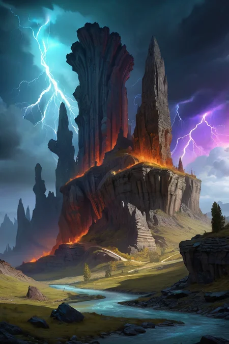 petrified stone forest during storm, fossil patterns ,haunted vales where wailing banshee covens perform death operas, the air heavy with ectoplasmic rain that crystallizes into memory shards, river, rainbow midnight,weather steamy softly cinematic view, epic sky, detailed, concept art, low angle, high detail, warm lighting, volumetric, godrays, vivid, beautiful, trending on artstation, by Amano, huge scene, grass,flower, art greg rutkowski,