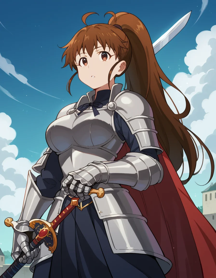 score_9, score_8_up, score_7_up, source_anime, <lora:popura-taneshima-s2-ponyxl-lora-nochekaiser:1>, popura taneshima, long hair, brown hair, brown eyes, ponytail, ahoge, large breasts,, <lora:knight-ponyxl-lora-nochekaiser:1>, knight, armor, cape, sword, weapon, holding weapon, shoulder armor, gauntlets, helmet, pauldrons, red cape,, blue sky, clouds, from below, parted lips, looking at viewer