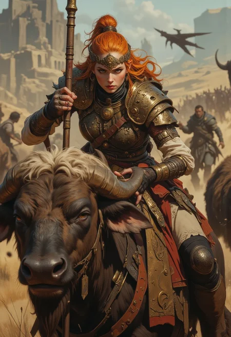 By Phandigrams, close-up digital portrait of a ginger ancient bronze armored bronze age female warrior riding on a bison holding a bronze lance, ancient battlefield background, high action pose, perfect pupils, insanely detailed faces, correct digits, realistic skin, intricately detailed, perfect expressive eyes, perfect pupils, Stunning visuals, Texture, beautiful face features, dynamic, MurphFSF