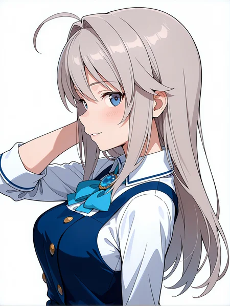 masterpiece,best quality,amazing quality,
1girl,solo,
<lora:k_chieri_ilxl_1.5:1>,chieri,ahoge,grey hair,blue eyes,
amajyo,blue dress,blue skirt,
<lora:Fixhands_anime_bdsqlsz_V1:1>,light_blush,white_background,simple background,standing,face_focus,looking_at_viewer,smile,:o,dynamic_angle,upper_body,profile,hand_in_hair,