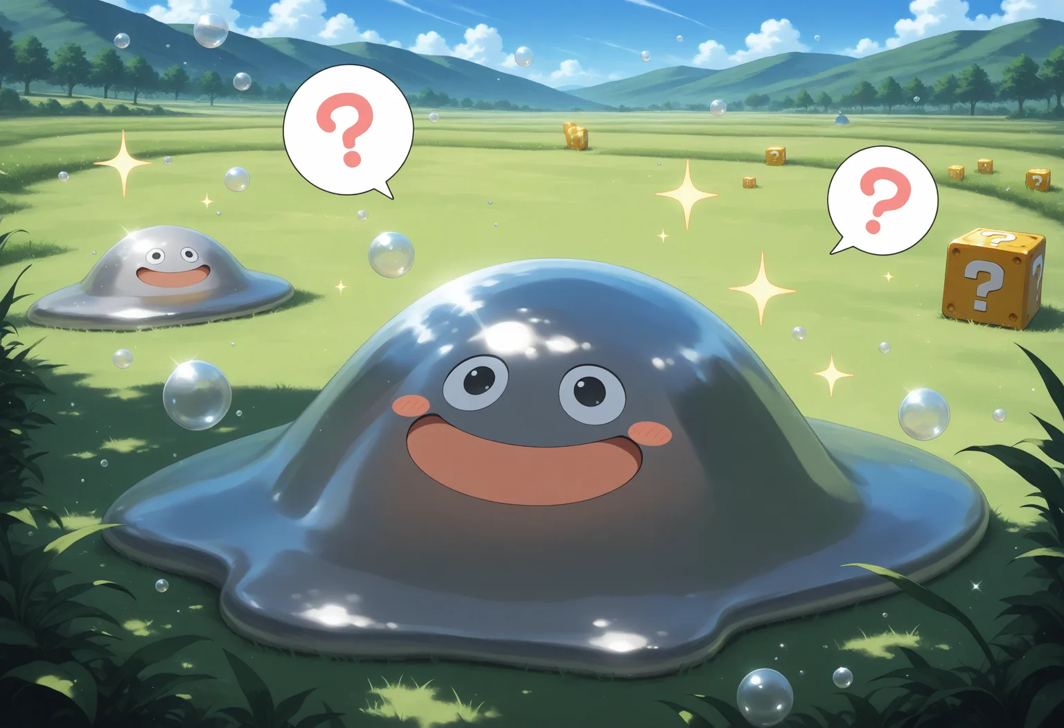 masterpiece,extreme detailed BREAK (2others:1.1),no humans,no_legs,day,field BREAK hagurin,:D,slime \(creature\),sparkle,bubble,<lora:hagurin-NAI:1>,spoken question mark,? block,