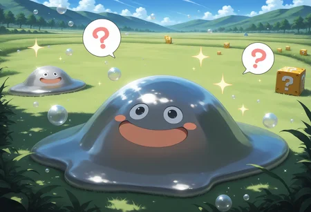 masterpiece,extreme detailed BREAK (2others:1.1),no humans,no_legs,day,field BREAK hagurin,:D,slime \(creature\),sparkle,bubble,<lora:hagurin-NAI:1>,spoken question mark,? block,