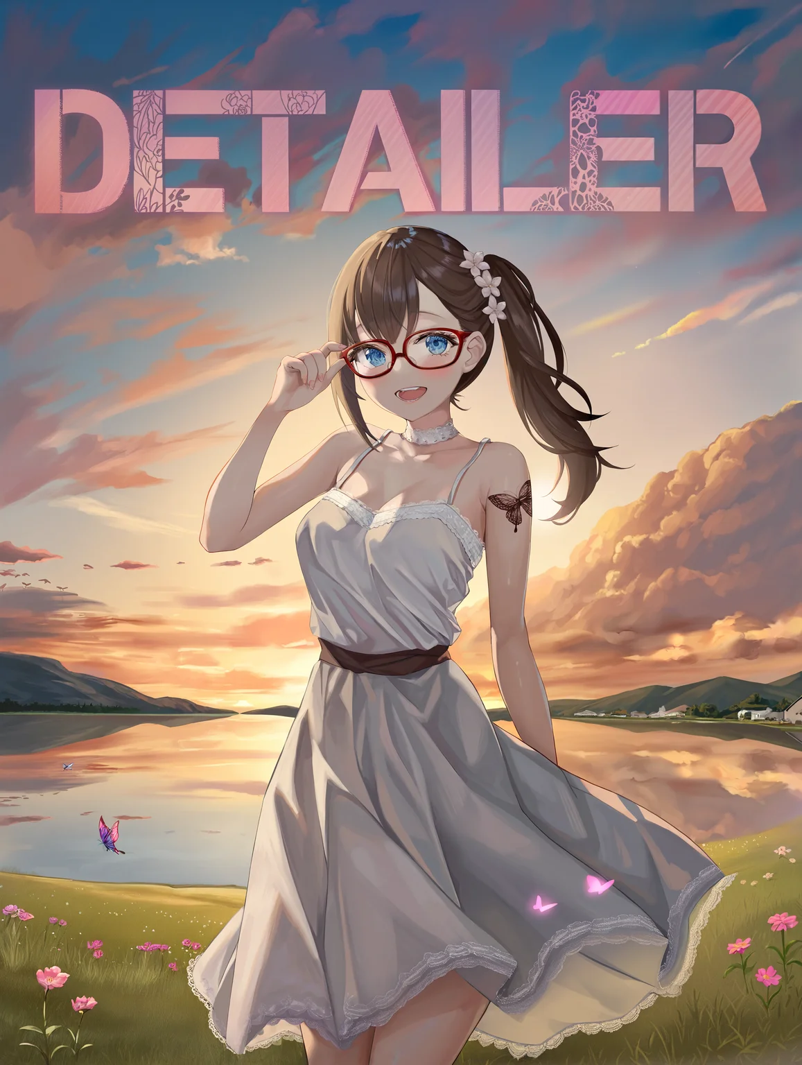 1girl, side ponytail, blue eyes, sundress, flowers, summer vibe, park, shoulder tattoo, butterfly tattoo, DETAILER logo, (sky:1.2), clouds, golden hour, lace choker, scenery, breasts, light, shadow, focus on scenery, feet out of frame, glasses, adjusting eyewear, hand up, grass, water, lace trim,
aoi sakura \(seak5545\), achyue, momoko \momopoco\, (torino aqua:0.7), hebbtia, toto \(caaaaarrot\), nagi itsuki, mappaninatta, nanohana \(november.\),
masterpiece,best quality,amazing quality,very aesthetic,absurdres,newest, very awa, crisp, sharp, 8k,
<lora:NOOB_vp1_detailer_by_volnovik_v1:1>