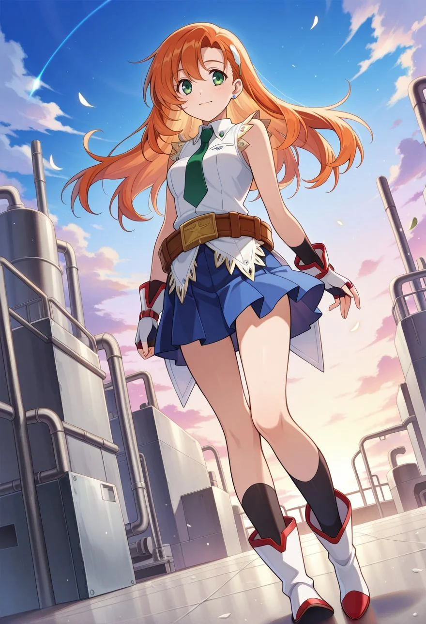detailed eyes, beautiful, detailed background, perfect eyes,
source_anime, very aesthetic, anime coloring, masterpiece, official art,
<lora:HandFineTuning_XL:1>
BREAK,
factory, sci-fi,
standing,  light smile, looking at viewer,
dynamic angle, full body, looking away, floating hair,
BREAK,
<lora:cliana_illustrious_v02:0.9>
clianaDef, orange hair, green eyes, long hair, feather hairpin, 
white shirt, sleeveless, fingerless gloves, green necktie, laces, hairpin, pleated skirt, blue skirt, belt, buckle, 
black socks, white boots,