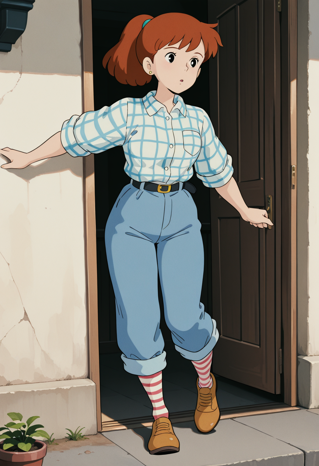 masterpiece, best quality, very aesthetic, absurdres, 1girl, solo,
<lora:fio_piccolo_v01:0.8>, fio_piccolo, fio_casual, brown hair, ponytail, black eyes,
stud earrings, plaid shirt, sleeves rolled up, breast pocket, shirt tucked in, black belt, blue pants, striped socks, brown footwear, posing