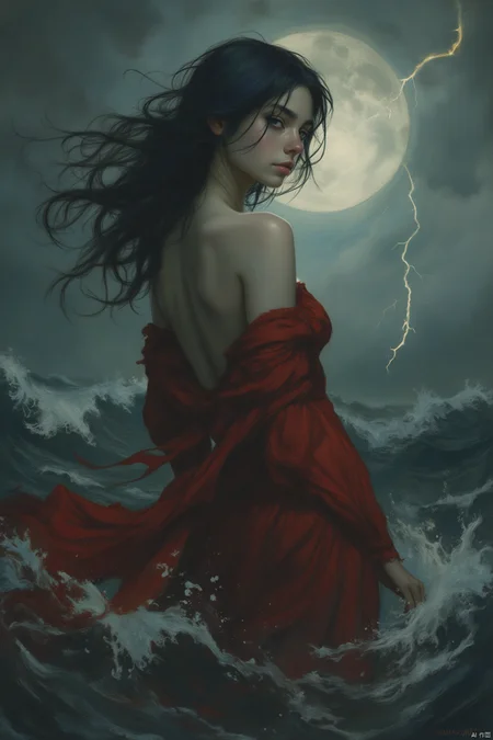 OBxiaoxiang,
A captivating siren, her form outlined against a stormy sea. Her hair, the colour of midnight, streams behind her like a dark, flowing wave. Her attire, a flowing crimson gown, accentuates the curves of her body. Her eyes, reflecting the stormy sky, hold a mesmerizing, dangerous allure. The sea around her is a maelstrom of dark waves and flashing lightning.