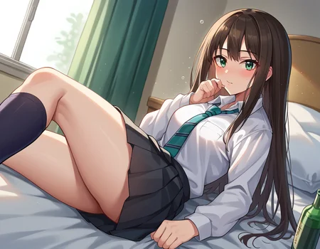 score_9, score_8_up, score_7_up, source_anime,
rinshibuya, <lora:rin-shibuya-ponyxl-lora-nochekaiser:1>,
rin shibuya, black hair, green eyes, long hair,
black skirt, black socks, collared shirt, green necktie, kneehighs, long sleeves, miniskirt, necktie, pleated skirt, school uniform, shirt, skirt, socks, striped, striped necktie, white shirt, wing collar,
indoors, bed, bed room, on side, blush, drunk,
looking at viewer, dutch angle, cowboy shot,