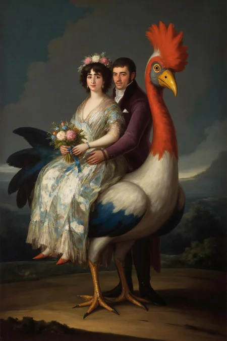 g0ya1 painting
A romantic scene with a couple, a woman, and a man, set against a dreamlike, fantastical backdrop. The woman, dressed in a flowing white wedding gown, is seated on the back of a stylized giant bird with a prominent red comb and a blue body. She holds a bouquet of flowers in her left hand and a blue ribbon in her right hand, which is resting on the man's shoulder. The man, dressed in a deep purple suit, embraces her from behind, with his head resting on her shoulder. <lora:g0ya1_cap_d6a3:1.0><lora:815799725006779104:0>