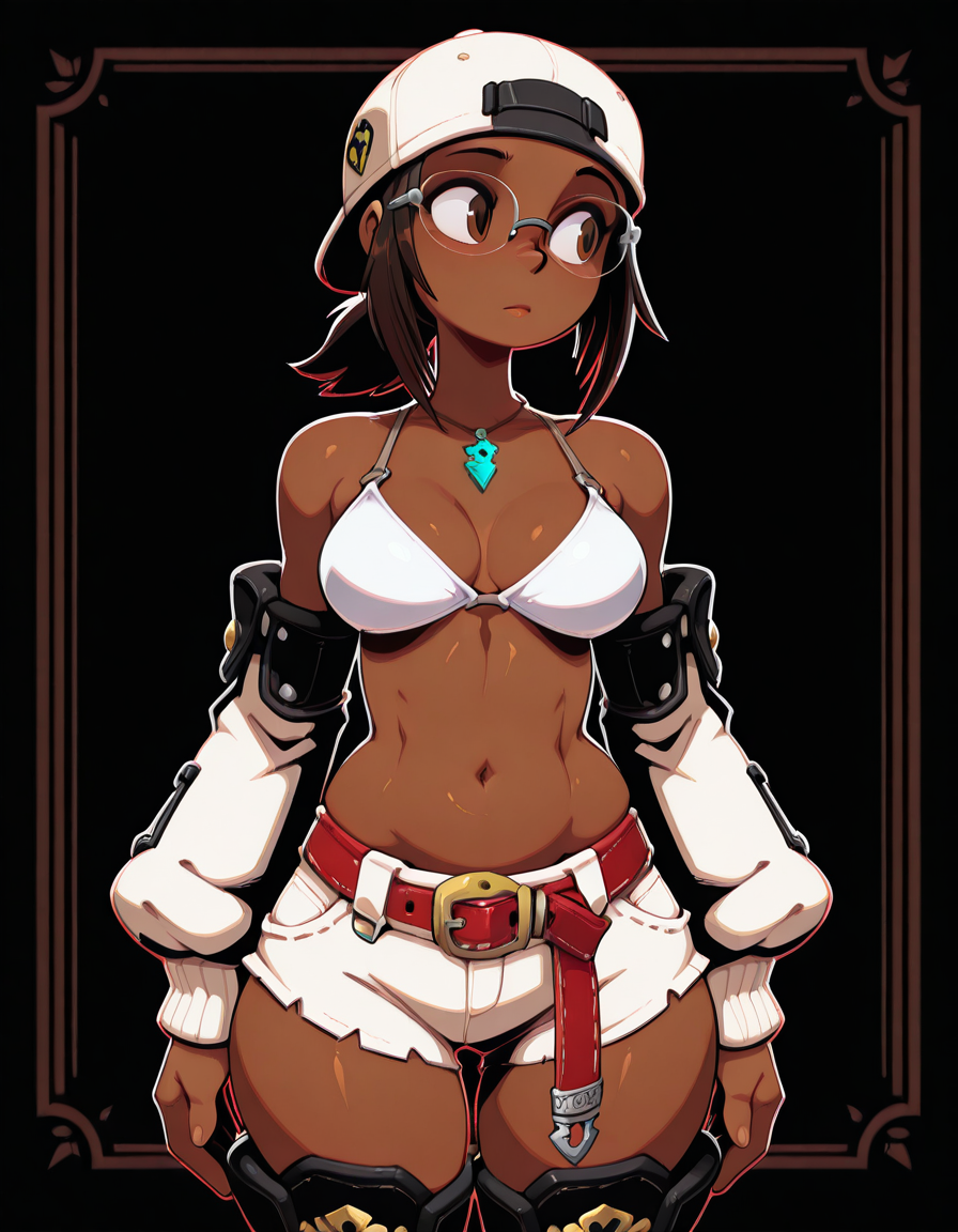 aijalon, aija_bikini_top, white bikini top, aija_backward_cap, aija_detached_sleeves, aija_shorts, aija_accessories, aija_belt, aija_boots, necklace,  glasses, brown eyes, solo, Belly-to-belly, (vivid high contrast colors), short cartoony simplistic art style mix, wakfu, (speedoru:0.6), (diives:0.7),
<lora:Aijalon_Anitoon:1>    <lora:Aijalon_FFXIV_OC_Solution_9_WHM:0.7>