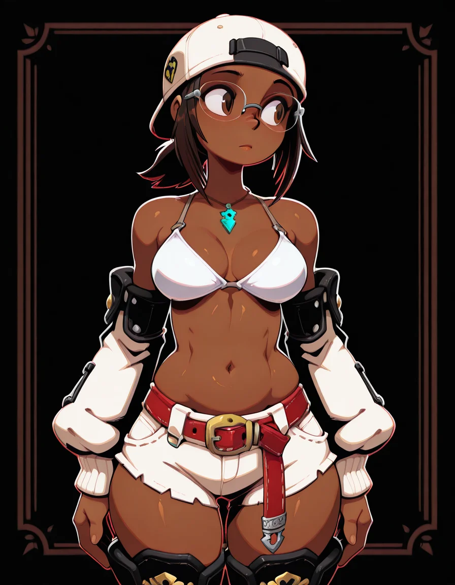 aijalon, aija_bikini_top, white bikini top, aija_backward_cap, aija_detached_sleeves, aija_shorts, aija_accessories, aija_belt, aija_boots, necklace, glasses, brown eyes, solo, Belly-to-belly, (vivid high contrast colors), short cartoony simplistic art style mix, wakfu, (speedoru:0.6), (diives:0.7),
<lora:Aijalon_Anitoon:1> <lora:Aijalon_FFXIV_OC_Solution_9_WHM:0.7>