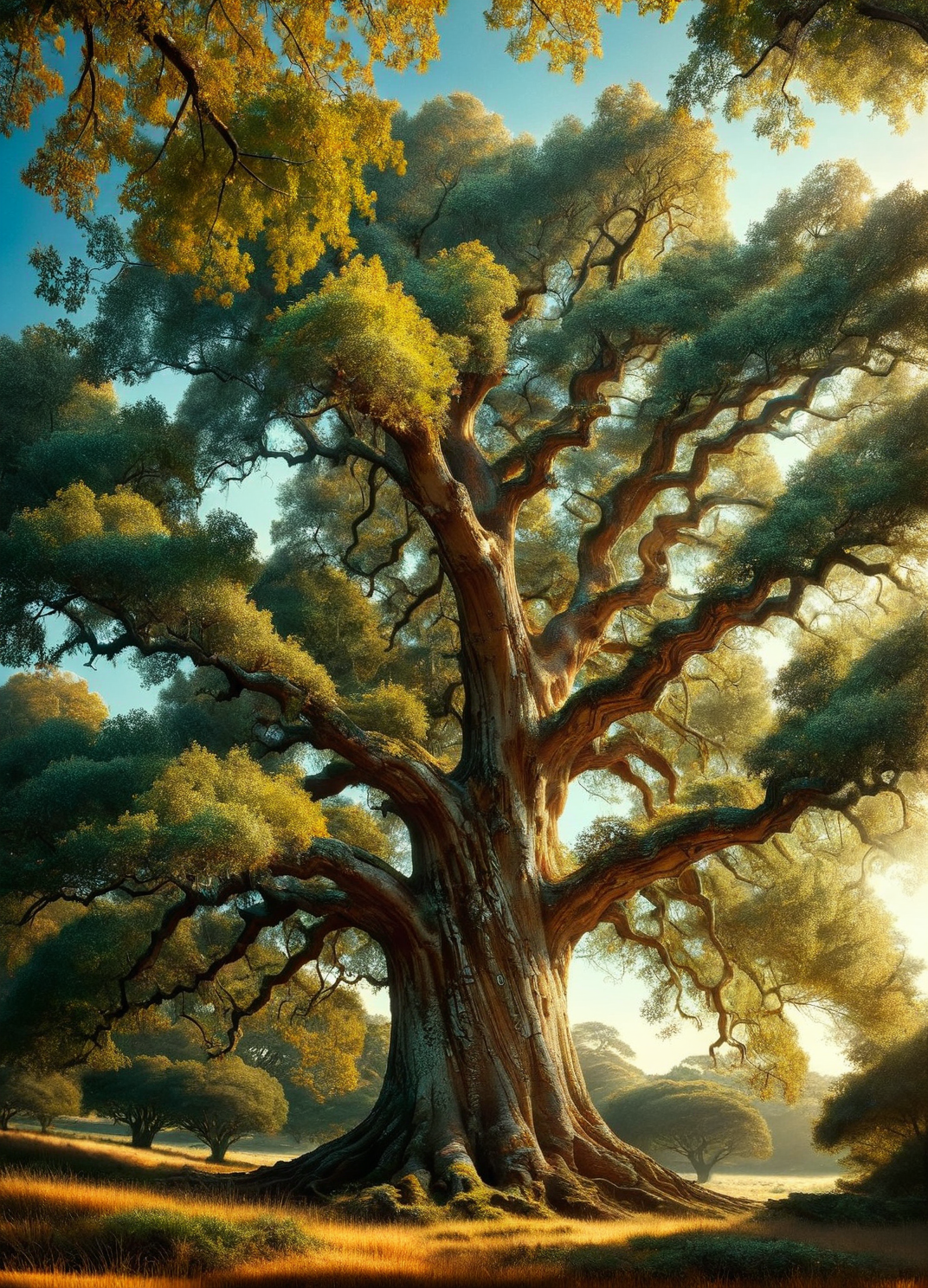 Sunlight filtering through the leaves of an ancient ais-trnshd oak tree <lora:ais-trnshd-sdxl:1>