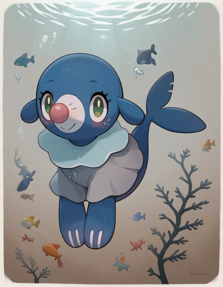 score_9, score_8_up, score_7_up, score_6_up, score_5_up, score_4_up, 1girl, full body, solo,
(orange college pullover sweatshirt), (grey socks), (grey skirt),
<lora:Popplio v1:0.8> popplio, blue fur, white snout, pink nose, droopy ears, whisker markings, blue collar, frilled collar, pokemon \(creature\), (seal \(animal\):1.2), green eyes, eyelashes, fish tail, flippers, freckles, light smile, blush, looking at viewer, (set in a haunting shipwreck, with eerie shadows, abandoned artifacts, darting fish, a mysterious, enchanting ambiance ), underwater, swimming,