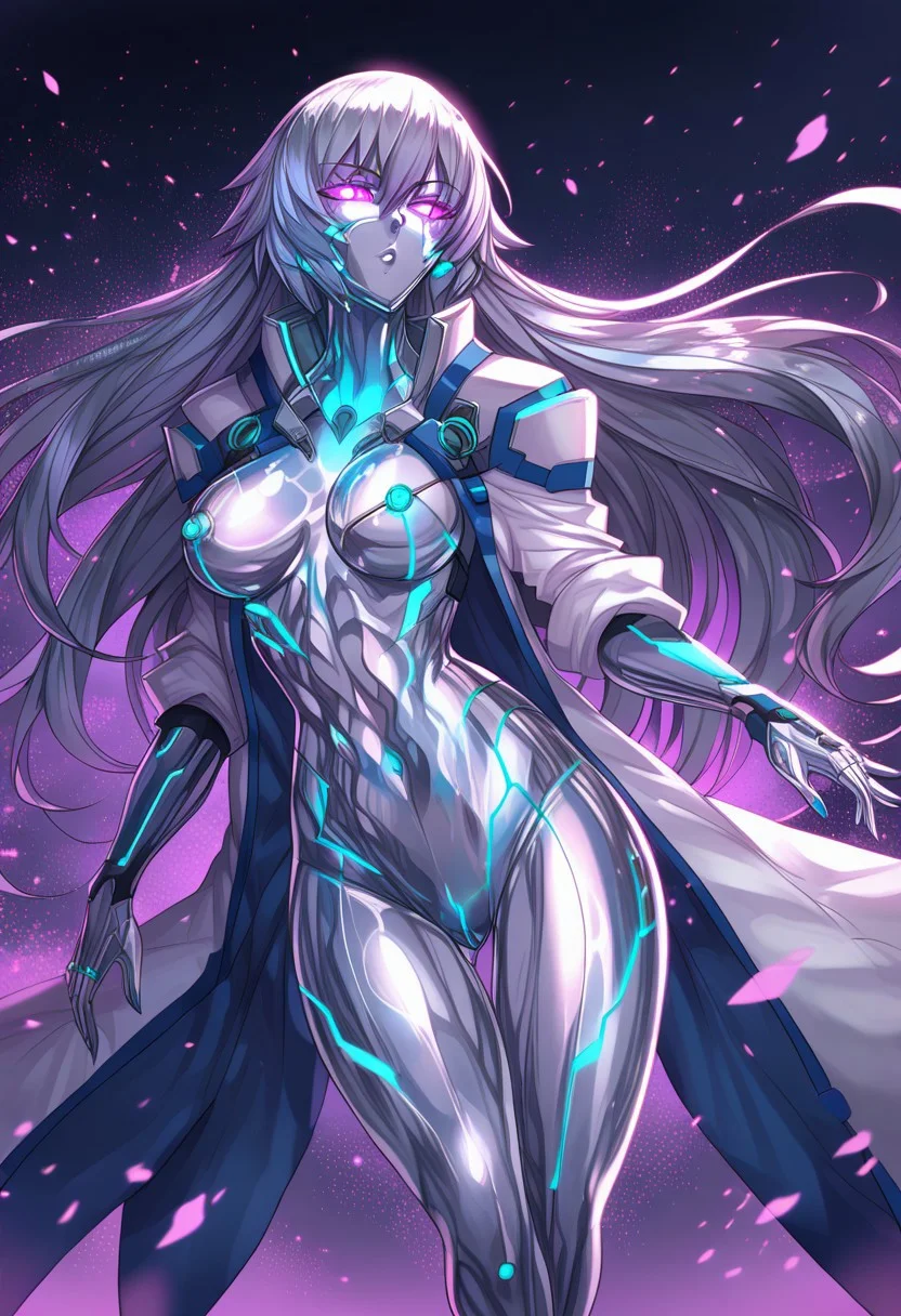 score_9, score_8_up, score_7_up, score_6_up, score_5_up, score_4_up, 2D, ibenz,
BREAK
1girl, liquid mercury, solo,
silver body, ((long hair, silver hair)),
((purple lines, purple eyes, glowing eyes)),
hourglass figure, long legs, thick thighs, large breasts,
seductive pose, caressing own self, seductive look,
(cyberspace) black background, blue energy lines, blue code, detailed background,