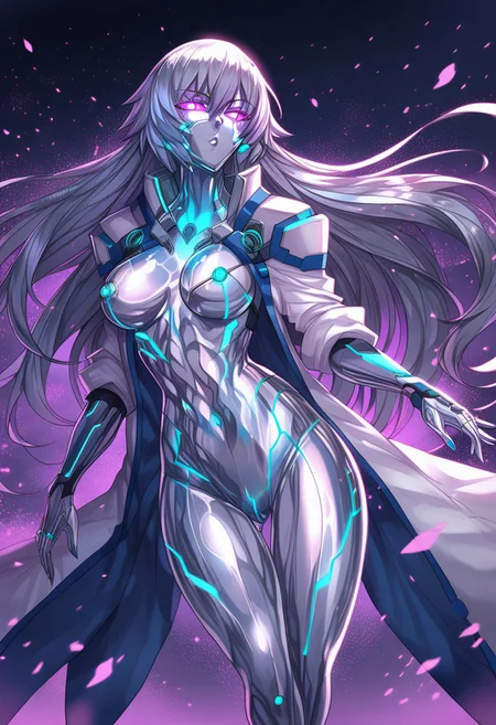 score_9, score_8_up, score_7_up, score_6_up, score_5_up, score_4_up, 2D, ibenz,
BREAK
1girl, liquid mercury, solo,
silver body, ((long hair, silver hair)),
((purple lines, purple eyes, glowing eyes)),
hourglass figure, long legs, thick thighs, large breasts,
seductive pose, caressing own self, seductive look,
(cyberspace) black background, blue energy lines, blue code, detailed background,