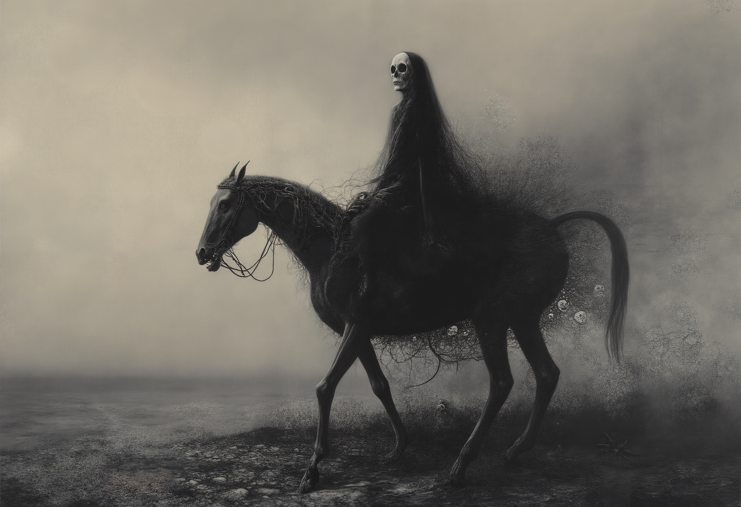 surreal photography, dreamlike imagery, subconscious exploration, bending reality, imaginative narratives, juxtaposing elements, evoking wonder and awe, transcending boundaries, challenging perceptions, fantastical landscapes, otherworldly atmospheres, <lora:Flux\Styles\Beksinski 2\Beksinski.safetensors:0.5:0.5>, a broken hearted bride riding a skeleton horse