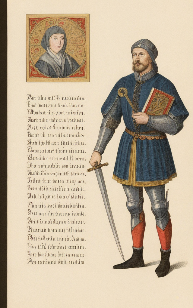 vintageillustration, a medieval manuscript from 14th century, a self portrait included, basic drawing skills, 8k, very detailed, UHD, extreme details, medieval, manuscript, paper texture, medieval art