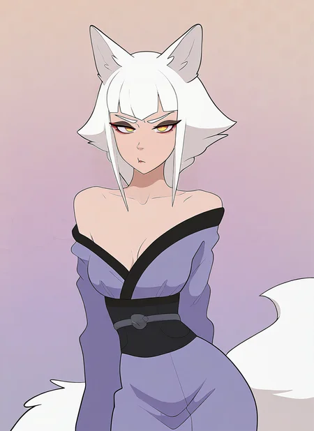 masterpiece, best quality, newest, absurdres, highres, safe, 1girl, foxgirl, fox ears, fox tail, medium breasts, skinny, narrow waist, wide hips, white hair, Tousled Top with Taper Fade hair, Pouting, kimono, cleavage, looking at viewer, abstract background, detailed, <lora:Anaxus-style-Illustrous:1>