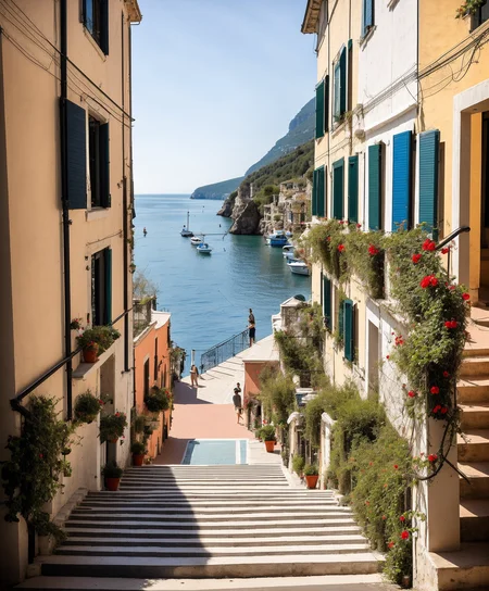 (raw analog style) Style-Italy a beach with people laying on it and a building next to the water with a staircase leading to the beach, 8k wallpaper, highly detailed