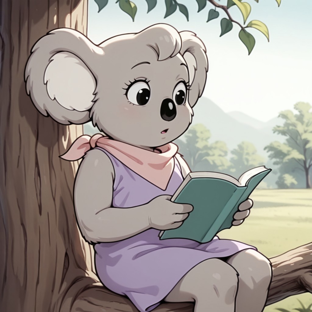 masterpiece, best quality, amazing quality,Nutsybbil, semi-anthro, female, Koala, tan fur, black eyes, purple dress, pink neckerchief, sitting, in a tree, reading,