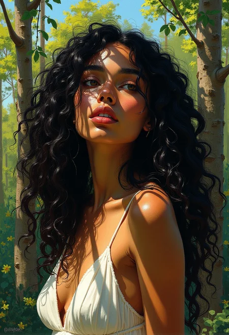 m0d3rn1mpr, close up of a dark-skinned woman with long curly black hair, she is standing in a forest, and wears a long white dress, dappled shadows cover her face, and blue sky can be seen through the dense canopy of leaves above her,
<lora:modern-impressionist:0.8>