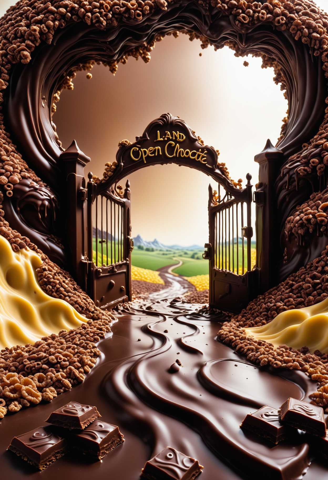 a gate made of melted chocolate and cereals by Jed-ChocoC, its the entrance to the land of milk and honey, behind the gate is a open path made of melted chocolate into a fantasy chocolate landscape <lora:last:0.7> <lora:SDXLFaeTastic2400:0.7>