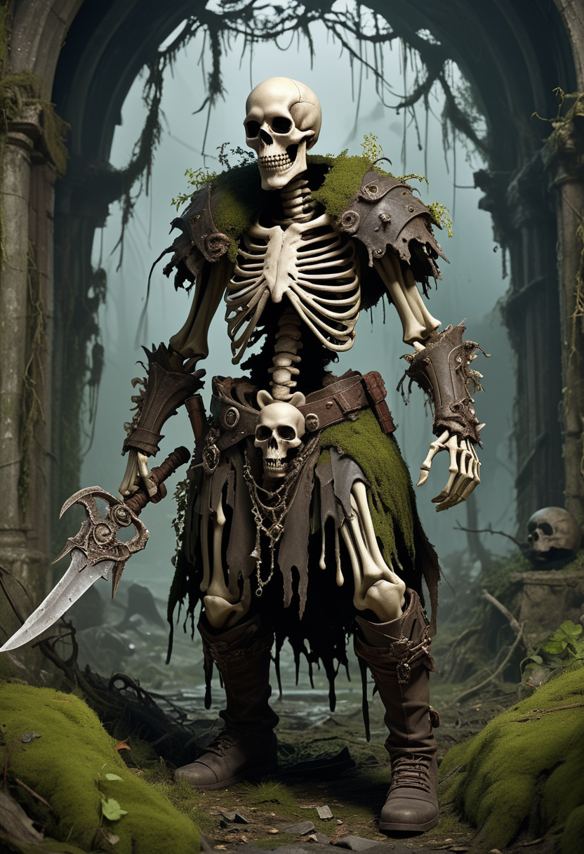 (medium full shot) of (bony skeleton)  berserker, wearing Bone necklace, decayed kilt, tattered boots, leather gauntlets, holding wielding dual bone daggers, set in the cursed lands, in  forgotten skeletal ruins, overgrown with vines and moss, where nature has reclaimed what once was a bustling center , at dusk, ,Masterpiece,best quality, raw photo, realistic, very aesthetic