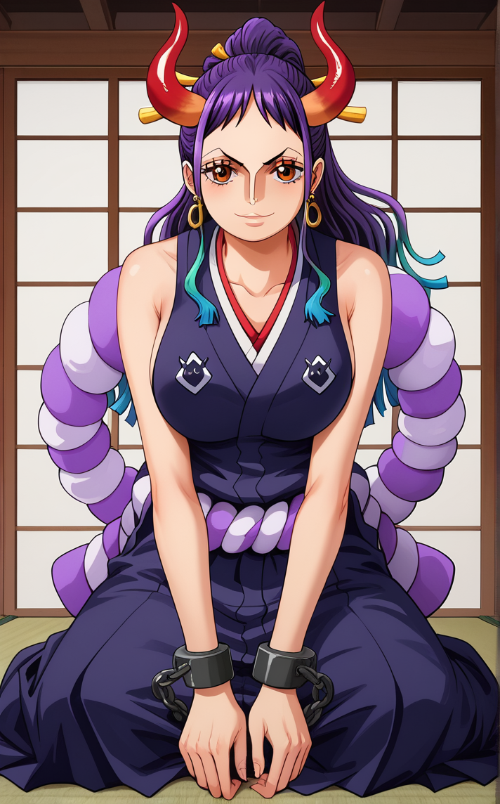 score_9, score_8_up, score_7_up, yokozuwari, sitting, barefoot, blanket, sliding doors, tatami, sidelighting, indoors, depth of field, solo, looking at viewer,   <lora:ONEPIECE_Yamato_ownwaifu:1>, BREAK BlackKimono_Yamato_ownwaifu, 1girl, bare shoulders, chain, cuffs, curled horns, hair ornament, hair stick, high ponytail, hoop earrings, japanese clothes, jewelry, multicolored hair, multicolored horns, oni, orange eyes, purple hair, red horns, shackles, shimenawa, sidelocks, sleeveless kimono, yamato (one piece),  collarbone, large breasts, long hair,  two-tone hair, ear piercing, hakama, hakama pants, heart earrings, hip vent, parted bangs, purple kimono,<lora:Expressive_H:0.15> <lora:add-detail-xl:0.15>,