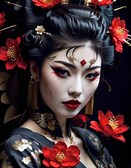 cinematic photo portrait, upper body, lipstick, black eyes, eyeshadow, black background, fflix-geisha, hair ornament, black hair, red lips, 1girl, hair flower, makeup, eyeliner, earrings, red flower, jewelry, looking at viewer, highly detailed, sharp focus, elegant, intricate, rich deep vivid color, cinematic, modern fine
<lora:GeishaXL:1>, , <lora:FILM_PHOTOGRAPHY_STYLE:0.25> . 35mm photograph, film, bokeh, professional, 4k, highly detailed
