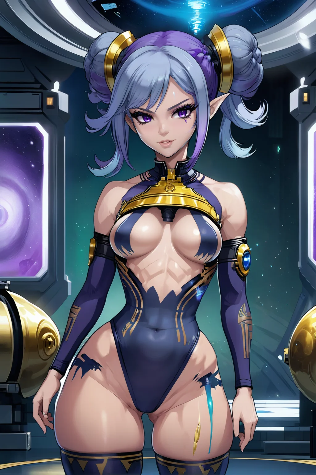 anime style, 1girl, woman, full body, standing, angry sci-fi tribal shamaness,, (warpaint:1.4), purple hair with goldenrod highlights, hime cut, arms up, bombshell hair, blue-grey hair, twin drills,Space Buns, hourglass figure, small breasts, caucasian<lora:EnvyThiccXL02:1>