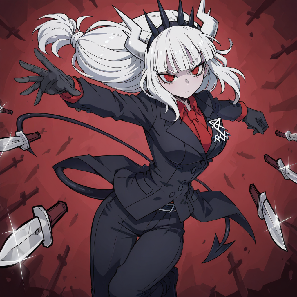 masterpiece, best quality, newest, absurdres, highres, anime, anime style, KFV1.0, knife, throwing, throw, throwing knife, 1girl, lucifer \(helltaker\), black suit, red necktie, black collared shirt, black gloves, blunt bangs, demon horns, demon girl, demon tail, red eyes, white hair, long hair, holding, holding knife, holding weapon, weapon,