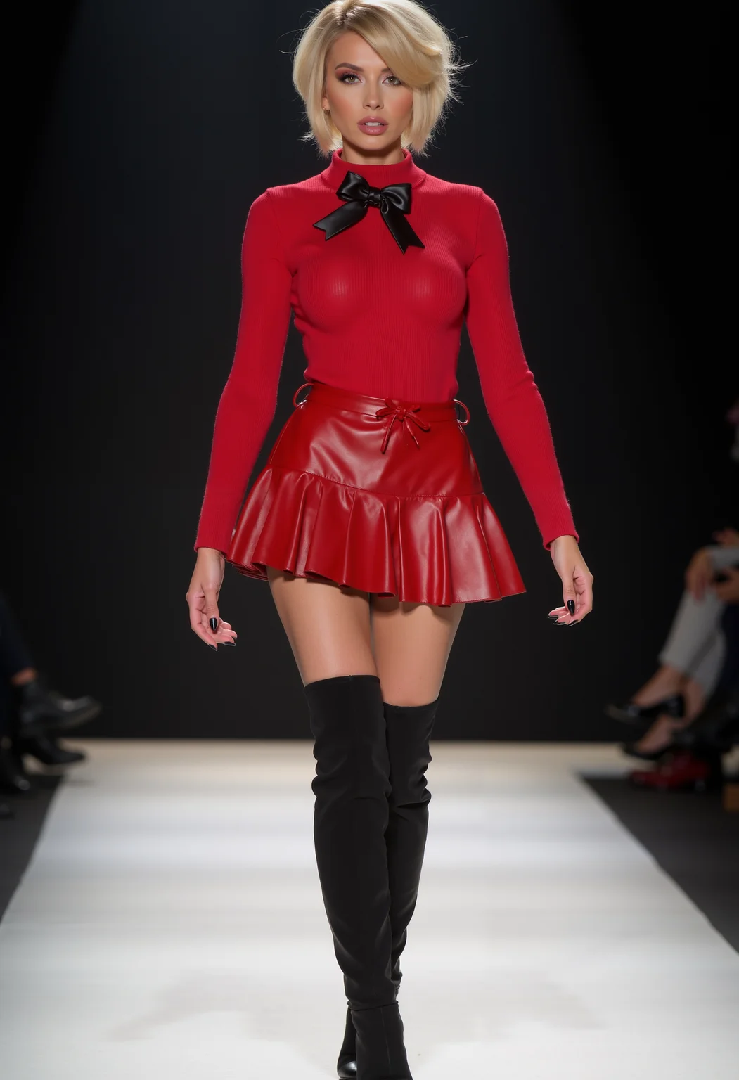 full body shot, beautiful woman, short punkstyle hair, clo024, wearing a red ribbed sweater with a black bow detail, tiered red faux leather mini skirt and knee-high black boots, walking on a catwalk, spotlight at her