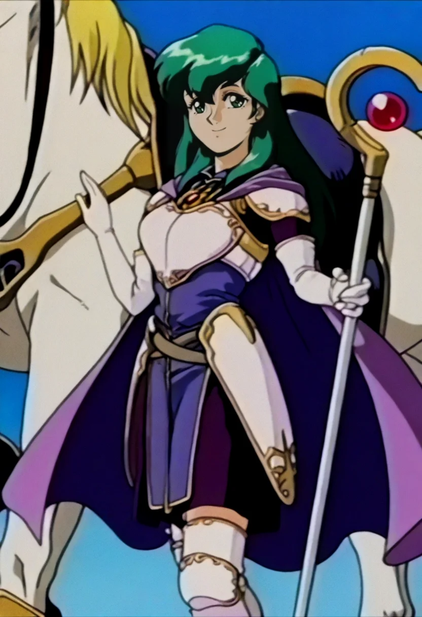 masterpiece, best quality, solo, looking at viewer, 1girl, smile, <lora:FeOVA_GLoRA-illus_Fp:1>, retro artstyle, <lora:fececilia-illu-nvwls-v1:1>, dfCla, green hair, green eyes, purple cape, brooch, armored dress, purple dress, elbow gloves, white gloves, belt, white boots, white horse, standing, holding staff,