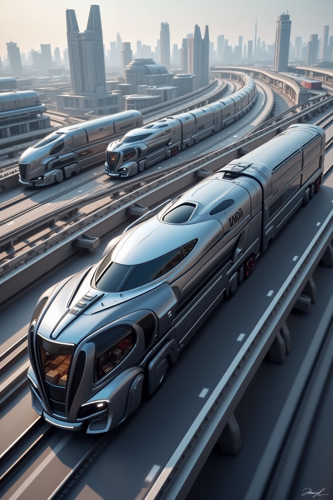 YFG-R1gs, A high-speed, maglev train-truck hybrid, its sleek, aerodynamic design allowing it to reach incredible speeds, races along a futuristic track. The vehicle's cargo bay is filled with time-sensitive goods, destined for a distant city. The train-truck's advanced propulsion system and magnetic levitation technology minimize friction, allowing it to glide effortlessly along the track. The surrounding landscape is a blur of motion, with futuristic buildings and advanced transportation systems flashing by.