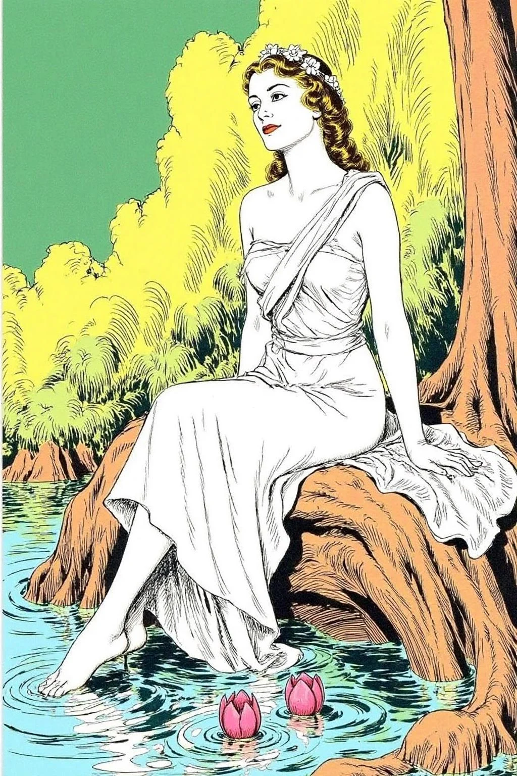 alexray1 drawing
a woman in a white dress, adorned with a flower crown, sits on a rock. The woman's body is draped in a flowing white cloth, her hair cascades in a ponytail, adding a touch of color to the scene. The background is a mix of green, yellow, and orange. there are two pink tulips floating in the water <lora:alexray1_nocap_d6a3:1.0><lora:815515179128388129:0>