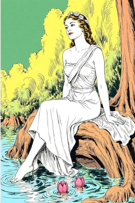 alexray1 drawing
a woman in a white dress, adorned with a flower crown, sits on a rock. The woman's body is draped in a flowing white cloth, her hair cascades in a ponytail, adding a touch of color to the scene. The background is a mix of green, yellow, and orange. there are two pink tulips floating in the water <lora:alexray1_nocap_d6a3:1.0><lora:815515179128388129:0>
