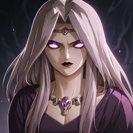 uru5h1h4r4, score_9, score_8_up, score_8, 41L353iDK0N4, 1girl, gray hair, blonde hair, long hair, sidelocks, pale skin, cheekbones, red lips, purple eyes, glowing eyes, purple glow, purple theme, simple background, urushihara_satoshi