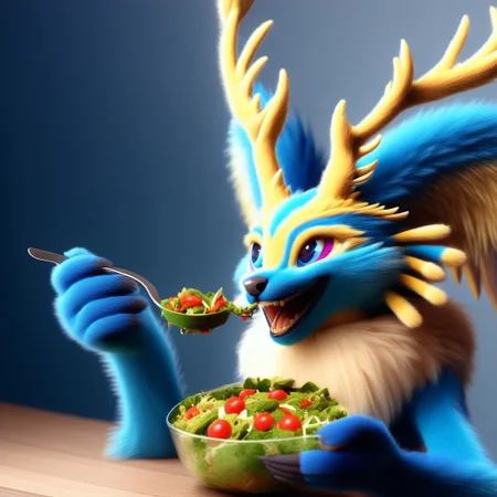 eating salad, laughing, Fecto Elfilis, blue fur, multicolored eyes, head wings, antlers, yellow fur, colored sclera, fluffy tail