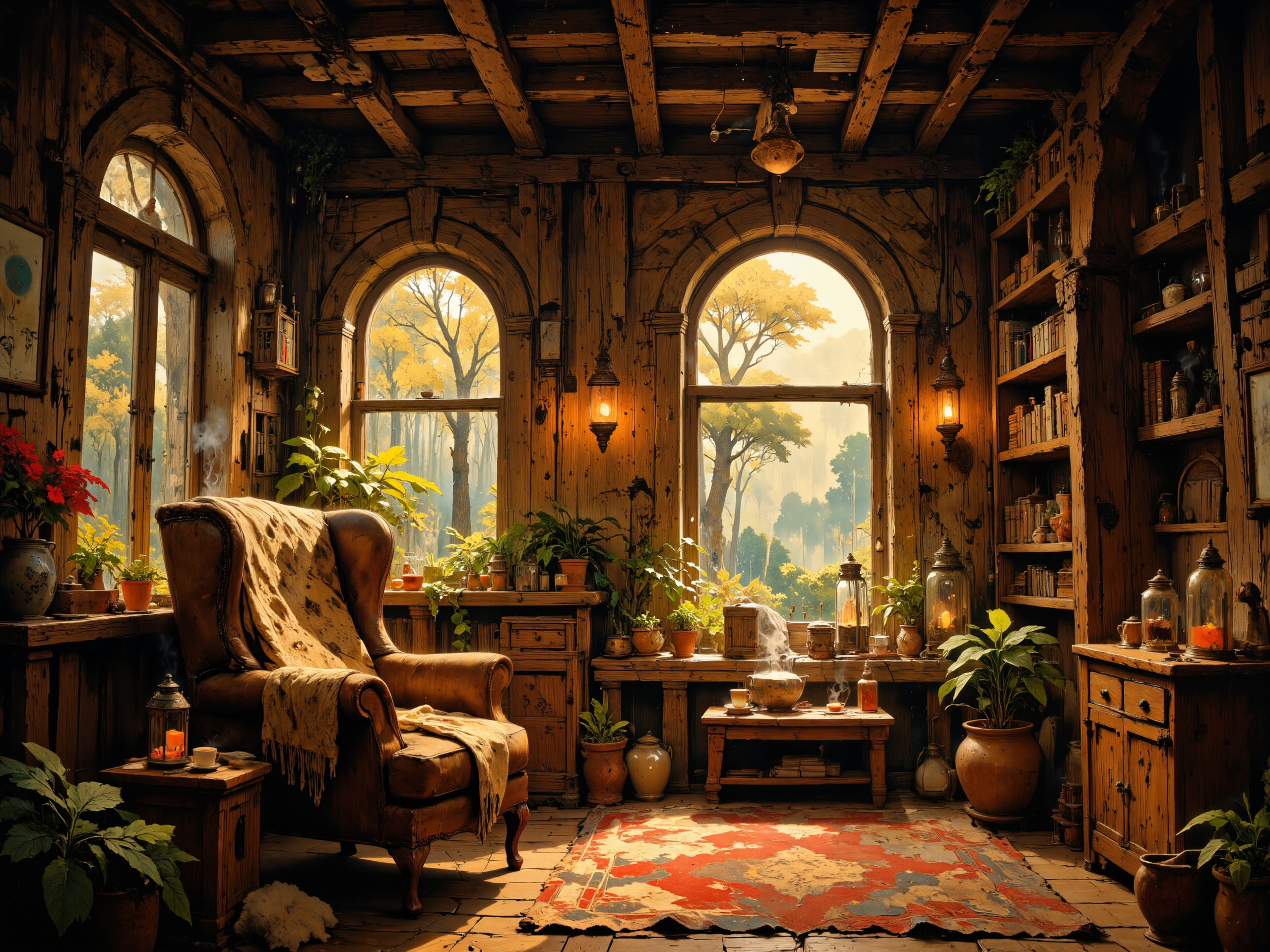 Rustic treehouse interior, warm golden light filtering through large round windows, cozy reading nook with overstuffed leather armchair and knitted blanket, natural wood textures throughout, spiral staircase leading to loft area, hanging plants and terrariums, vintage lanterns, soft sheepskin rugs, floor-to-ceiling bookshelves, steaming cup of tea on reclaimed wood side table, distant forest view, intricate wood carvings, earthy color palette, 8k resolution, hyperrealistic details, atmospheric mist, dappled sunlight, intimate and inviting ambiance <lora:Memadukan_Brush_Strokes_of_Fineart:0.7> <lora:Niji V2B:0.7> <lora:Let_It_Blaze_in_Crimson_anime_v1.0:0.3> <lora:aidmaFLUXPro1.1-FLUX-v0.3:0.3> <lora:flux_dev:1>