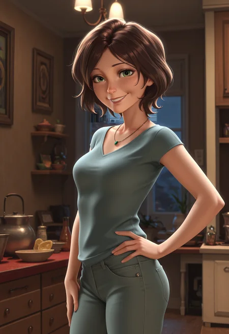 1girl,solo,cass,mature female,brown hair,short hair,green eyes,
shirt,pants,cowboy shot, hand on own hip, indoors,looking at viewer, smile
,masterpiece,best quality,amazing quality,<lora:Cass-Big_Hero_6_ix:0.8>