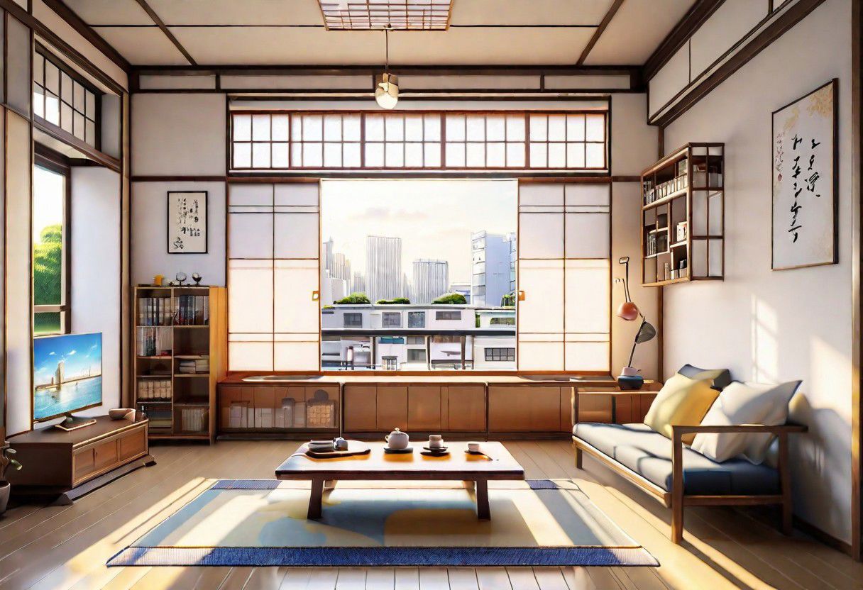 ((front view)), ((Japanese animation style)), modern-style interior, with white walls, (large windows), Nordic-style furniture, a  study, Sofa, coffee table, bookcase, single wall, 
warm light morning sun, (the view of the city)
