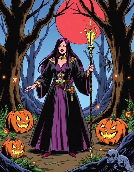 Cartoon_Style_Final, This image is a digital drawing in the style reminiscent of classic American comic books from the mid-20th century, but with a Final Fantasy twist. The subject is a powerful sorceress, inspired by Final Fantasy’s magic-wielding characters, standing in a dark, eerie forest. She has long, flowing black and purple hair, with glowing orange eyes and a sinister smile. Dressed in an elaborate, dark purple and gold robe with intricate, mystical symbols, she is casting a spell with her staff, which crackles with ethereal energy. Behind her, glowing Halloween spirits shaped like jack-o’-lanterns and ghostly wraiths swirl through the air. The background features towering, twisted trees with glowing runes carved into them, under a blood-red moon. The drawing emphasizes bold outlines, vibrant, flat colors, and dramatic poses typical of comic art, blending the magical and eerie atmosphere of Final Fantasy with the spooky essence of Halloween.