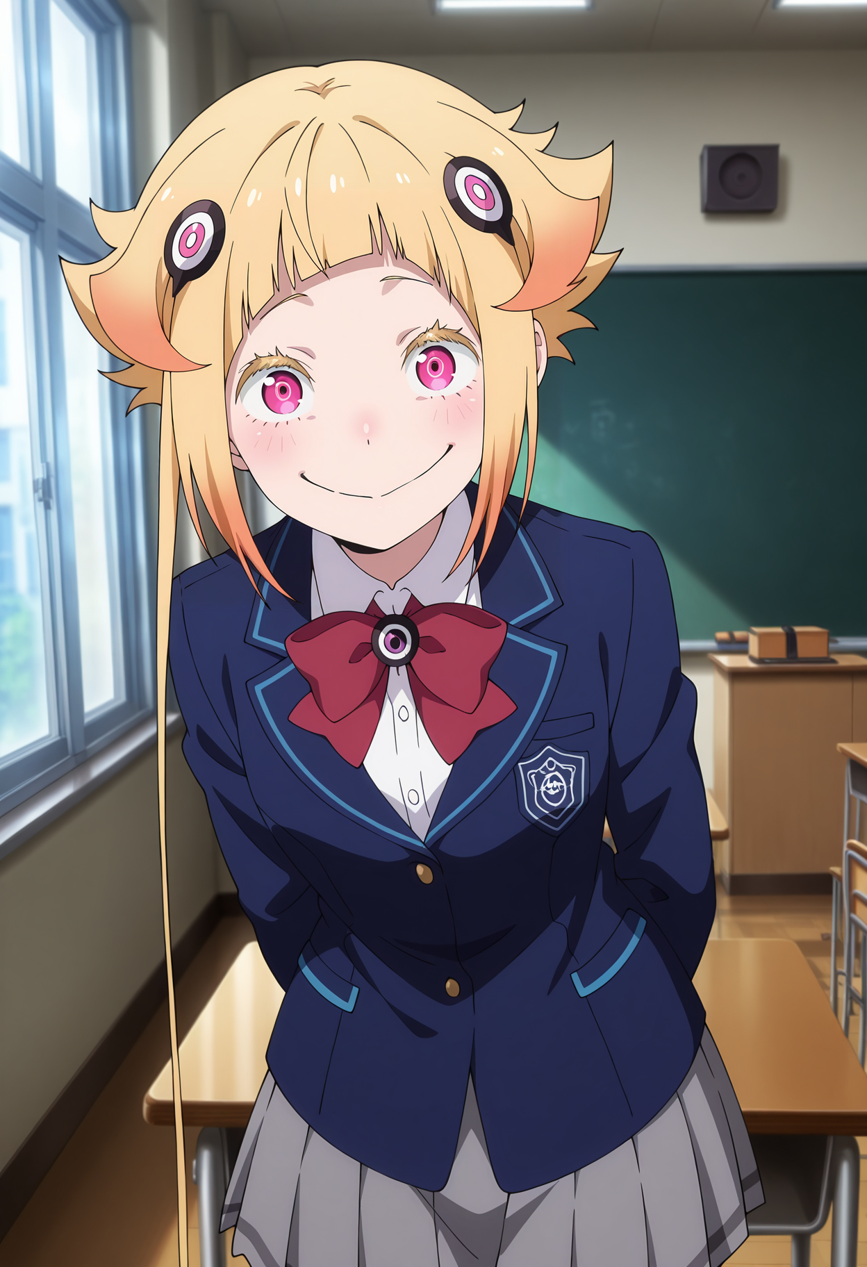 anime screencap, masterpiece, best quality,
<lora:ReZero_LugunicaCapellaEmerada_IlluXL:0.9>,
1girl, solo, closed mouth, crazy smile, crazy eyes, blush,
blunt bangs, short hair with long locks, gradient hair, blonde hair, orange hair, colored eyelashes, pink eyes, hair ornament,
blazer, blue jacket, red bowtie, collared shirt, white shirt, pleated skirt, grey skirt, 
standing, looking at viewer, cowboy shot,
indoors, window, desk, chalkboard, photo background, blurry background