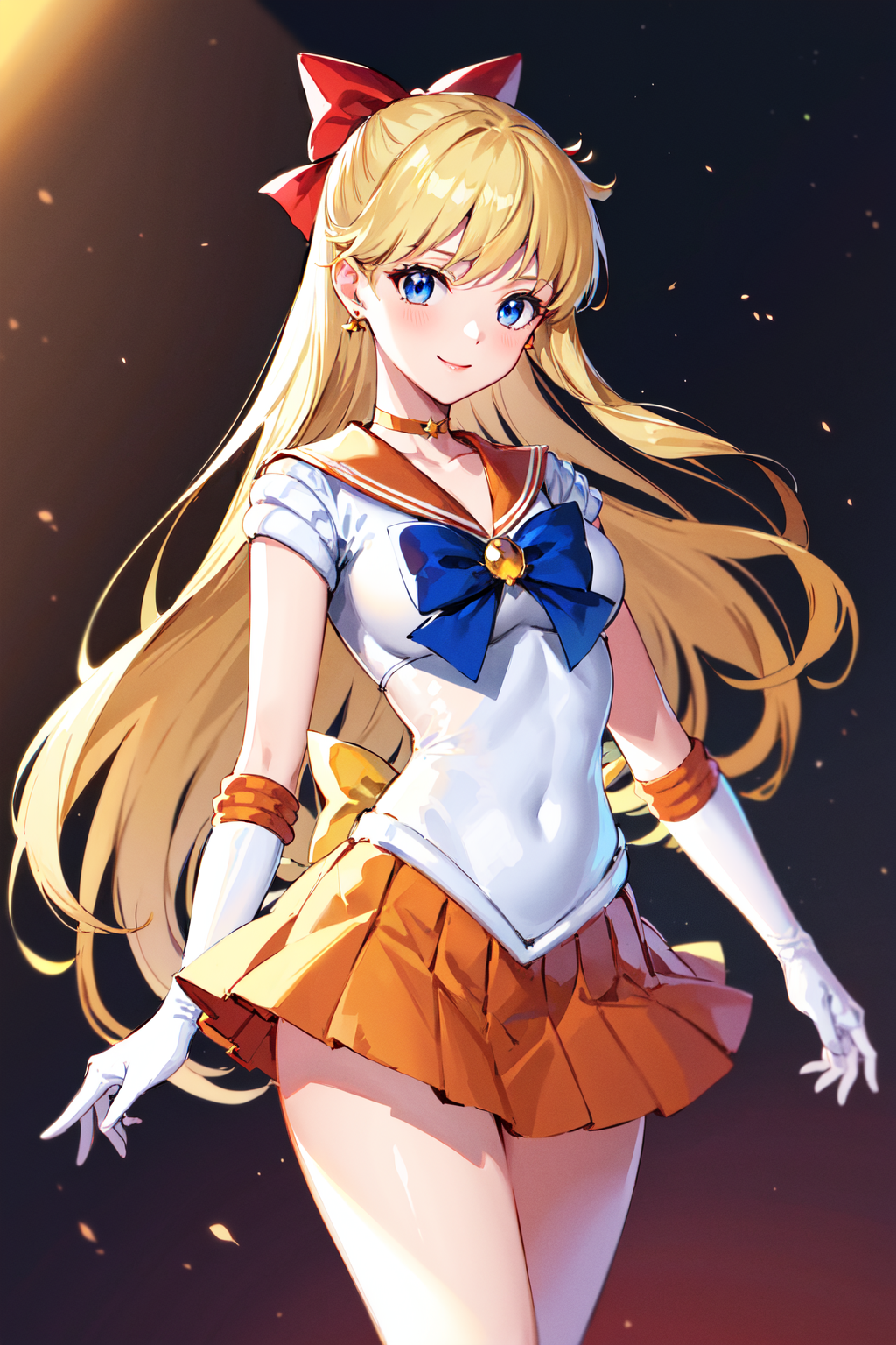 masterpiece, best quality, highres, venus1, 1girl, solo, sailor senshi uniform, sailor venus, aino minako, blonde hair, magical girl, blue eyes, orange skirt, elbow gloves, tiara, pleated skirt, hair bow, orange sailor collar, miniskirt, choker, red bow, orange choker, white gloves, very long hair,  jewelry,  earrings, <lora:sailor_venus_v1:0.6>, cowboy shot, smile,