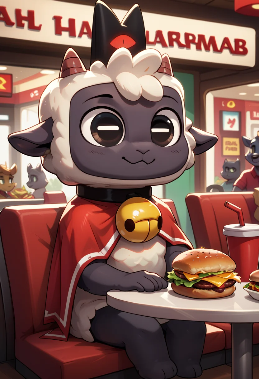 score_9, score_8_up, score_8, <lora:Lamb_Cult_of_The_Lamb_for_PonyXL:0.8> furry, l4mb, lamb, horns, neck bell, cape, in restaurant, sitting, at table, hamburger, solo