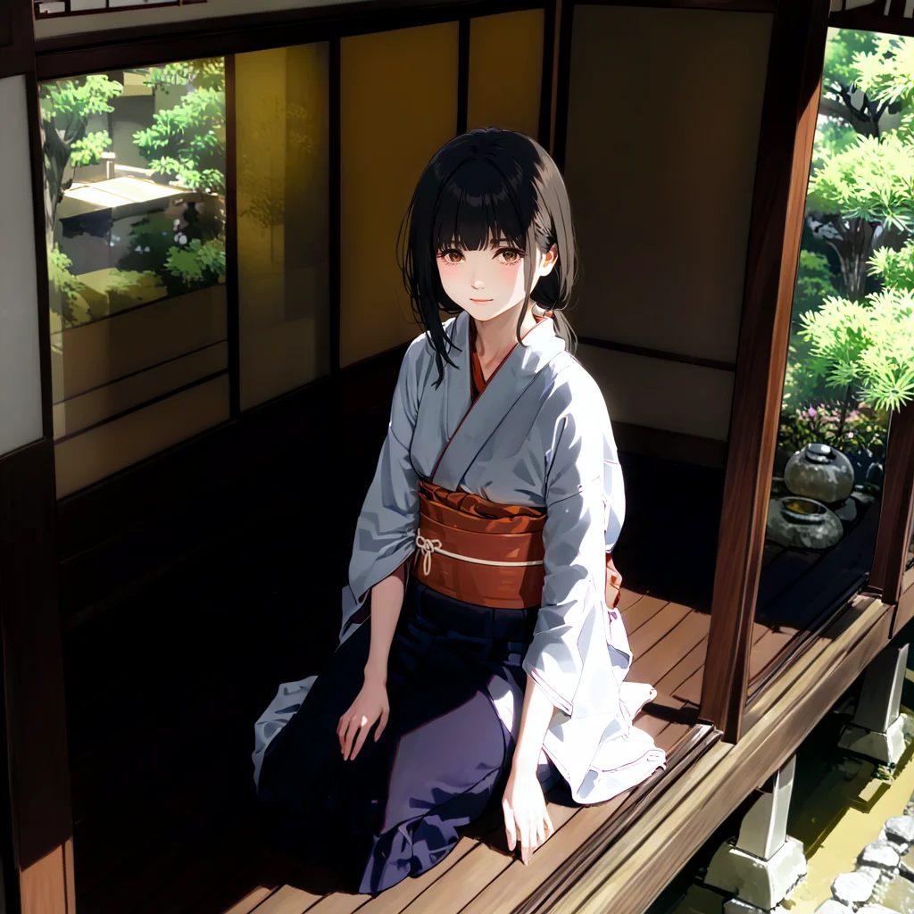 ultra detailed, absurd res, high res, extremely detailed, good quality, film grain, (cinematic angle:1.2), [realistic:0.2], [3d:0.9],from above,2d,illustration, 
perspective, best quality, <lora:Fixhands_anime_bdsqlsz_V1:1>,<lora:StS_age_slider_v1_initial_release:1> 
girl,black hair, long hair, hime cut,straight hair, brown eyes,white kimono,puffy sleeves,small breasts,(skinny:0.5), light smile,neck,(tsurime,narrowed eyes:1),violet hakama, (yaeba:0.1),sitting on a wooden deck,wooden deck,rest on the pillars,japanese style veranda,sunroof
,white background,blurry background, (dappled sunlight:1.1),(bokeh:1),<lora:Engawa:0.9>,japanese oldstyle house,,<lora:Sh1r3nXLP:0.3>,Sh1r3n,hidden ears