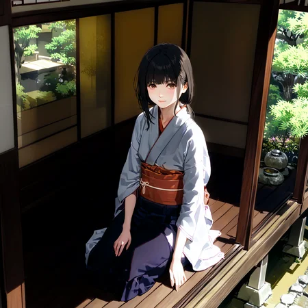 ultra detailed, absurd res, high res, extremely detailed, good quality, film grain, (cinematic angle:1.2), [realistic:0.2], [3d:0.9],from above,2d,illustration, 
perspective, best quality, <lora:Fixhands_anime_bdsqlsz_V1:1>,<lora:StS_age_slider_v1_initial_release:1> 
girl,black hair, long hair, hime cut,straight hair, brown eyes,white kimono,puffy sleeves,small breasts,(skinny:0.5), light smile,neck,(tsurime,narrowed eyes:1),violet hakama, (yaeba:0.1),sitting on a wooden deck,wooden deck,rest on the pillars,japanese style veranda,sunroof
,white background,blurry background, (dappled sunlight:1.1),(bokeh:1),<lora:Engawa:0.9>,japanese oldstyle house,,<lora:Sh1r3nXLP:0.3>,Sh1r3n,hidden ears