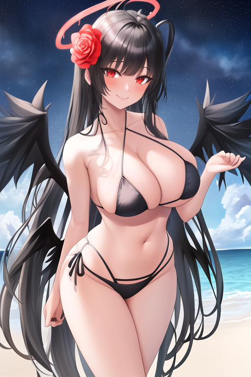 masterpiece, best quality, highres, solo, {night:1.10}, {starry sky:1.10}, beach, beautiful detailed sky, {extremely detailed background:1.20}, mature, {tsurugi_bluearchive:1.10}, bangs, black_hair, long_hair, red_eyes, halo, breasts, blush, very_long_hair, wings, large_breasts, blunt_bangs, cleavage, smile, hair_ornament, hair_flower, {standing:1.10}, looking at viewer, {bikini:1.30}, light smile